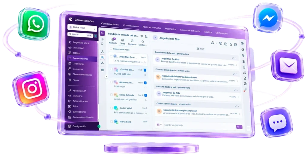 Bandeja de entrada de Creativ Flow con los mensajes de WhatsApp, Instagram, Messenger, email y formularios web en una sola pantalla
