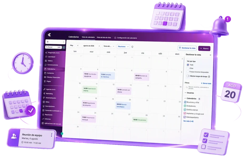 Calendario de Creativ Flow con las citas de la semana y los calendarios del equipo por especialidad